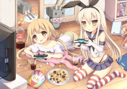 Rule 34 | &gt;:d, 10s, 2girls, :d, bike shorts, black panties, blonde hair, book, bookshelf, bottle, brown eyes, candy, candy wrapper, checkerboard cookie, chestnut mouth, clothes writing, coca-cola, controller, cookie, crossover, cup, drinking glass, drinking straw, dualshock, elbow gloves, faceplant, food, futaba anzu, game console, game controller, gamepad, gloves, hairband, highres, idolmaster, idolmaster cinderella girls, kantai collection, long hair, macaron, messy room, multiple girls, open mouth, panties, playing games, playstation 4, playstation controller, rensouhou-chan, season connection, shimakaze (kancolle), shirt, smile, soda bottle, striped bike shorts, striped clothes, striped legwear, striped thighhighs, stuffed animal, stuffed rabbit, stuffed toy, t-shirt, taiki ken, thighhighs, twintails, underwear, v-shaped eyebrows