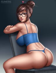 Rule 34 | 1girl, abstract background, absurdres, ass, blizzard (company), blue panties, blue thong, breasts, brown eyes, brown hair, cleavage, female focus, flowerxl, glasses, grey background, highres, large breasts, looking at viewer, looking back, mei (overwatch), overwatch, panties, solo, thighs, thong, underwear