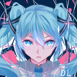 Rule 34 | 1girl, :o, bare shoulders, black ribbon, blue eyes, blue hair, blue necktie, bright pupils, collared shirt, commentary request, grey shirt, hair ribbon, hatsune miku, highres, long hair, looking at viewer, necktie, open mouth, portrait, ribbon, shirt, signature, sketch, sleeveless, sleeveless shirt, solo, suiboku tanren, teeth, twintails, upper body, upper teeth only, vocaloid
