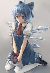 Rule 34 | 1girl, ascot, bad id, bad pixiv id, blue dress, blue eyes, blue hair, blue skirt, bow, cirno, dress, gift, hair bow, holding, holding gift, ice, ice wings, mary janes, matching hair/eyes, pantyhose, shoes, short hair, simple background, sitting, skirt, solo, touhou, wariza, white pantyhose, wings, xiao qiang (overseas)