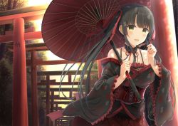 Rule 34 | 1girl, :d, animal print, bare shoulders, black hair, black kimono, blush, breasts, butterfly print, collarbone, commentary request, fingernails, frilled sleeves, frills, gothic lolita, hair ribbon, highres, holding, holding umbrella, japanese clothes, kimono, lolita fashion, long hair, long sleeves, medium breasts, nail polish, obi, off shoulder, oil-paper umbrella, open mouth, original, outdoors, pleated skirt, print kimono, red nails, red ribbon, red skirt, red umbrella, ribbon, sash, skirt, smile, solo, sunset, torii, twintails, umbrella, very long hair, wide sleeves, yellow eyes, yukimochi kinako