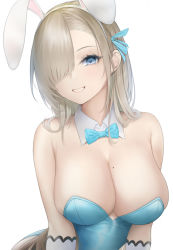 Rule 34 | 1girl, animal ears, asuna (blue archive), asuna (bunny) (blue archive), bare shoulders, blonde hair, blue archive, blue eyes, bow, bowtie, breasts, cleavage, hair over one eye, highres, large breasts, leotard, looking at viewer, mari (doraerin0), mole, mole on breast, playboy bunny, rabbit ears, smile, solo, traditional bowtie, white background