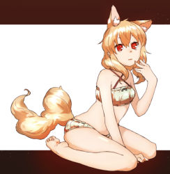 Rule 34 | 1girl, amonitto, animal ears, arm support, blonde hair, fox ears, fox tail, hand on own cheek, hand on own face, looking at viewer, nail polish, original, parted lips, red eyes, sitting, solo, tail, underwear, wariza