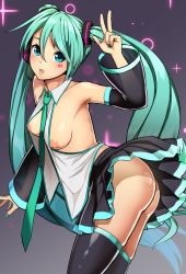 Rule 34 | 1girl, aqua hair, ass, bent over, between breasts, black thighhighs, blue eyes, breasts, detached sleeves, hair ornament, hatsune miku, headset, long hair, long sleeves, looking at viewer, necktie, necktie between breasts, nipple slip, nipples, nishiumi rin, no panties, open clothes, open shirt, pleated skirt, shirt, skirt, solo, thighhighs, twintails, very long hair, vocaloid, wide sleeves
