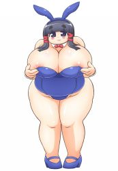 Rule 34 | 1girl, animal ears, areola slip, black hair, blush, breasts, bunny outfit, cleavage, ese no ji, fat, high heels, highres, huge breasts, looking at viewer, obese, rabbit ears, solo, standing, thick thighs, thighs