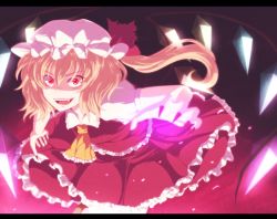 Rule 34 | &gt;:d, 1girl, :d, ascot, blonde hair, circle skirt, cowboy shot, crazy smile, crystal, dress, fangs, fingernails, flandre scarlet, foreshortening, hat, hat ribbon, leaning forward, letterboxed, looking at viewer, mob cap, nail polish, open mouth, puffy short sleeves, puffy sleeves, red dress, red eyes, red nails, ribbon, shaded face, sharp fingernails, short sleeves, side ponytail, skirt, skirt set, smile, solo, touhou, tsurime, v-shaped eyebrows, wings, yuha (yh-krm)