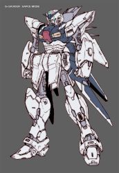 Rule 34 | armor, banchengping@126, character name, clenched hands, english text, engrish text, artistic error, flat color, g-saviour gundam, glowing, glowing eyes, grey background, gundam, gundam g-saviour, mecha, mechanical parts, no humans, ranguage, robot, thrusters