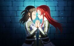 Rule 34 | 2girls, against wall, blue ribbon, brown hair, closed eyes, closed mouth, floating hair, from side, green shirt, hair ribbon, holding hands, interlocked fingers, long hair, long sleeves, multiple girls, profile, red hair, ribbon, ronye arabel, shirt, standing, stone wall, straight hair, sword art online, tiese schtrinen, underbust, wall, wing collar