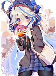 Rule 34 | 1girl, absurdres, ahoge, blue bow, blue eyes, blue hair, blue hat, blue skirt, bow, brown jacket, doughnut, food, furina (genshin impact), genshin impact, hands up, hat, hat bow, highres, jacket, long hair, long sleeves, looking at viewer, low twintails, mamono03, multicolored hair, pencil skirt, plaid, plaid skirt, sidelocks, skirt, solo, streaked hair, twintails, very long hair, white bag
