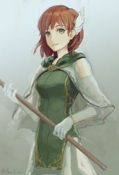 Rule 34 | 1girl, absurdres, bachium, brown hair, capelet, closed mouth, elbow gloves, fire emblem, fire emblem: the blazing blade, gloves, green eyes, grey background, hair over one eye, highres, holding, holding staff, hood, hood down, nintendo, priscilla (fire emblem), see-through, short hair, simple background, skirt, smile, solo, staff, standing, white capelet, white gloves, white skirt