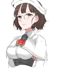 Rule 34 | 10s, 1girl, breasts, brown eyes, brown hair, capelet, detached sleeves, expressionless, glasses, highres, kantai collection, large breasts, morinaga miki, pince-nez, roma (kancolle), shirt, short hair, simple background, sleeveless, sleeveless shirt, solo, white background, white shirt