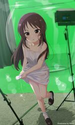 Rule 34 | 1girl, absurdres, black footwear, blurry, blurry background, blush, brown eyes, brown hair, collarbone, commentary request, dot nose, dress, fishbowl, flat chest, green screen, highres, hmax, idolmaster, idolmaster cinderella girls, idolmaster cinderella girls u149, indoors, legs, long hair, looking ahead, panties, panty peek, parted lips, reflector (photography), shoes, sidelocks, sleeveless, sleeveless dress, socks, solo, sparkle, standing, standing on one leg, tachibana arisu, thighs, underwear, v-shaped eyebrows, wet, wet clothes, wet dress, wet hair, white dress, white panties, white socks