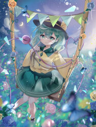 Rule 34 | 1girl, absurdres, black hat, blue butterfly, blue flower, blurry, bow, bug, butterfly, buttons, commentary request, crescent moon, depth of field, diamond button, eyeball, flower, flower swing, green eyes, green hair, green skirt, hat, hat bow, heart, heart of string, hidukihumi, highres, index finger raised, insect, komeiji koishi, light blush, long hair, long sleeves, looking at viewer, moon, open mouth, pink flower, plant, shirt, sitting, skirt, solo, swing, third eye, touhou, vines, wide sleeves, yellow bow, yellow flower, yellow shirt
