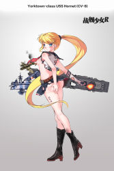 Rule 34 | 1girl, b-25 mitchell, blonde hair, blue eyes, blush, boots, breasts, burnt clothes, character name, convenient censoring, copyright name, covering privates, covering ass, damaged, elbow gloves, full body, g.h (gogetsu), gloves, grey background, hat, highres, hornet (warship girls r), knee boots, looking back, mecha musume, military, military vehicle, miniskirt, official art, ponytail, sailor collar, sailor shirt, ship, shirt, sideboob, skirt, solo, text focus, torn clothes, torn shirt, torn skirt, warship, warship girls r, watercraft, weapon