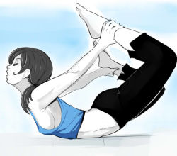 Rule 34 | 1girl, barefoot, black hair, black legwear, blouse, blue background, blue shirt, breasts, capri pants, closed eyes, colored skin, exercising, feet, flexible, from side, full body, grey hair, lips, long hair, lying, midriff, navel, nintendo, no bra, on stomach, open mouth, pale skin, pants, ponytail, shirt, sho-n-d, sideboob, single breast, smile, solo, super smash bros., tank top, toes, white skin, wii fit, wii fit trainer, wii fit trainer (female), yoga