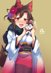 Rule 34 | 1girl, 2018, alternate costume, animal ears, beige background, blush, breasts, brown hair, cowboy shot, dated, fangs, flower, fur collar, hair flower, hair ornament, hands up, highres, holding, imaizumi kagerou, japanese clothes, kimono, konata gazel, looking at viewer, medium breasts, nail polish, new year, nose blush, open mouth, red eyes, red nails, smile, solo, tail, touhou, wide sleeves, wolf ears, wolf tail