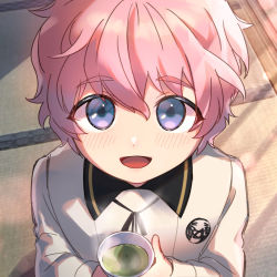 Rule 34 | 1boy, akita toushirou, bad id, bad pixiv id, blue eyes, blush, child, cup, from below, green tea, highres, looking at viewer, looking up, male focus, onota (fkdx2243), open mouth, pink hair, solo, tea, touken ranbu, wavy hair