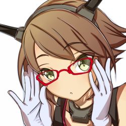 Rule 34 | 10s, 1girl, adjusting eyewear, bespectacled, blush, brown hair, glasses, gloves, green eyes, headgear, kantai collection, looking at viewer, mutsu (kancolle), open mouth, personification, short hair, solo, touryou, white gloves