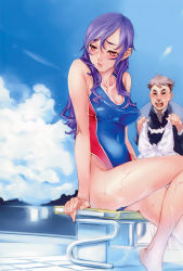 Rule 34 | 1boy, 1girl, blush, cloud, competition swimsuit, highres, indoors, long hair, nishieda, one-piece swimsuit, original, purple hair, red eyes, sitting, swimsuit, wet