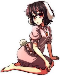 Rule 34 | 1girl, :o, animal ears, barefoot, blush, brown hair, carrot necklace, dress, full body, inaba tewi, jewelry, necklace, pendant, rabbit ears, rabbit girl, rabbit tail, red eyes, short hair, simple background, sitting, solo, tail, tanakara, touhou, wariza, wavy hair, white background