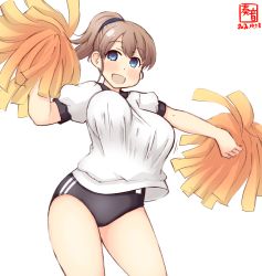 Rule 34 | 1girl, alternate costume, artist logo, black buruma, blue eyes, bouncing breasts, breasts, brown hair, buruma, cheering, commentary request, cowboy shot, dated, gym shirt, gym uniform, highres, holding, holding pom poms, intrepid (kancolle), kanon (kurogane knights), kantai collection, large breasts, looking at viewer, open mouth, pom pom (cheerleading), pom poms, ponytail, revision, shirt, short hair, short sleeves, simple background, smile, solo, t-shirt, white background, white shirt