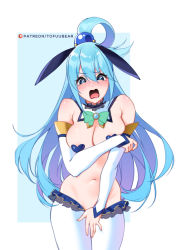 Rule 34 | 1girl, animal ears, aqua (konosuba), artist name, bare shoulders, blue background, blue eyes, blue hair, blush, breasts, rabbit ears, cleavage, crying, crying with eyes open, detached collar, detached sleeves, embarrassed, fake animal ears, heart pasties, kono subarashii sekai ni shukufuku wo!, large breasts, long hair, meme attire, navel, open mouth, pasties, patreon username, reverse bunnysuit, reverse outfit, simple background, solo, standing, stomach, tears, tofuubear, tongue, two-tone background, watermark, white background