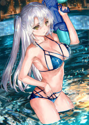 Rule 34 | 1girl, bikini, blue bikini, blush, breasts, cleavage, collarbone, highres, in water, large breasts, long hair, looking at viewer, navel, original, parted lips, pool, ran&#039;ou (tamago no kimi), side ponytail, silver hair, solo, standing, swimsuit, thighs, wading, water gun, wet, yellow eyes