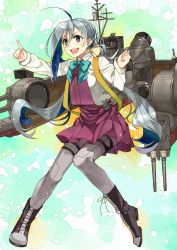 Rule 34 | 1girl, absurdres, ahoge, aqua bow, aqua bowtie, bad id, bad twitter id, boots, bow, bowtie, cannon, cross-laced footwear, full body, grey eyes, grey hair, grey pantyhose, hair between eyes, hair bun, halterneck, highres, index finger raised, kanmiya shinobu, kantai collection, kiyoshimo (kancolle), lace-up boots, long hair, low twintails, machinery, pantyhose, shirt, single hair bun, smokestack, solo, turret, twintails, two-tone background, very long hair, white shirt