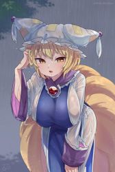 Rule 34 | 1girl, animal ears, animal hat, bent over, blonde hair, breasts, dress, fox ears, fox tail, hat, highres, ibaraki natou, large breasts, leaning forward, long sleeves, mob cap, multiple tails, open mouth, rain, short hair, solo, tabard, tail, touhou, wet, wet clothes, white dress, white hat, wide sleeves, yakumo ran, yellow eyes
