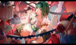 Rule 34 | 1girl, apron, birthday, blurry, blurry foreground, bow, cake, chocolate, commentary, cupcake, dessert, dress, food, food in mouth, fork, frilled apron, frills, from side, fruit, green dress, green eyes, green hair, green sleeves, gumi, hair bow, happy birthday, ice cream, letterboxed, looking at viewer, mouth hold, oversized food, oversized object, sitting, solo, stepcacc, strapless, strapless dress, strawberry, sweets, tiered tray, vocaloid, wafer stick