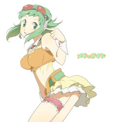 Rule 34 | 1girl, breasts, female focus, green eyes, green hair, grin, gumi, hayato (meromoni), matching hair/eyes, pointing, smile, solo, vocaloid, white background