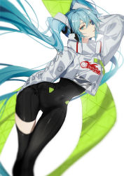 Rule 34 | 1girl, aqua eyes, aqua hair, black bodysuit, black gloves, black thighhighs, bodysuit, breasts, commentary, covered navel, feet out of frame, flag, gloves, goodsmile racing, hatsune miku, head tilt, highres, indai (3330425), long hair, long sleeves, looking at viewer, mele ck, racing miku, racing miku (2022), see-through, si, simple background, single thighhigh, solo, standing, thighhighs, thighs, twintails, very long hair, vocaloid