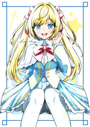 Rule 34 | 1girl, absurdres, alice in wonderland, artist name, blonde hair, blue dress, blue eyes, bow, bowtie, capelet, collared shirt, dress, feet out of frame, frilled sleeves, frills, hair bow, hair ribbon, highres, hisokuasagi334, knees together feet apart, long hair, long sleeves, open mouth, original, red bow, red bowtie, red ribbon, ribbon, shirt, signature, sitting, skirt, smile, solo, straight-on, twintails, white capelet, white shirt, white skirt