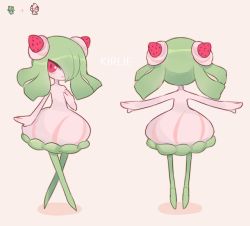 Rule 34 | alcremie, alcremie (strawberry sweet), alcremie (vanilla cream), aliceyawnin, bad id, bad tumblr id, commentary, creature, creatures (company), english commentary, food, from behind, fruit, full body, fusion, game freak, gen 3 pokemon, gen 8 pokemon, kirlia, nintendo, outstretched arms, pokemon, pokemon (creature), red eyes, simple background, spread arms, standing, strawberry, white background