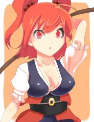 Rule 34 | 1girl, arms up, breasts, cleavage, coin, hair bobbles, hair ornament, highres, japanese clothes, looking at viewer, nurupo (abooon), obi, onozuka komachi, parted lips, red eyes, red hair, sash, scythe, solo, touhou, twintails, two side up, upper body