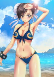 Rule 34 | 1girl, :o, absurdres, adapted costume, arm up, armpits, bikini, black hair, blush, breasts, brown eyes, bun cover, capcom, chun-li, cleavage, cloud, day, front-tie top, highres, large breasts, lens flare, looking at viewer, navel, sawwei005, shiny skin, short hair, sky, solo, standing, street fighter, sun, swimsuit