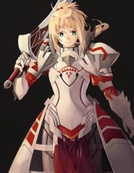 Rule 34 | 1girl, armor, armored dress, artist request, black background, blonde hair, breastplate, caliburn (fate), clarent (fate), cowboy shot, fate/apocrypha, fate (series), green eyes, highres, holding, holding sword, holding weapon, mordred (fate), mordred (fate/apocrypha), over shoulder, ponytail, simple background, smile, smirk, solo, standing, sword, sword over shoulder, upper body, weapon, weapon over shoulder