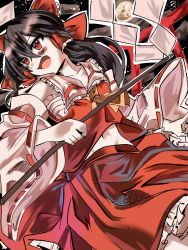 Rule 34 | 1girl, angry, armpits, ascot, black background, black hair, blush, bow, brown hair, collar, detached sleeves, frilled bow, frilled hair tubes, frills, gohei, hair bow, hair tubes, hakurei reimu, highres, medium hair, moon, navel, nontraditional miko, open mouth, red bow, red eyes, red shirt, red skirt, ribbon-trimmed sleeves, ribbon trim, sarashi, shirt, sidelocks, skirt, skirt set, sleeveless, solo, sutaku77224, touhou, white collar, wide sleeves, yellow ascot