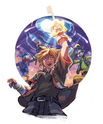 Rule 34 | 3boys, belt, blue eyes, brown hair, diana mercolini, donald duck, fingerless gloves, gloves, goggles, goggles on head, goofy, green shirt, holding, holding weapon, jewelry, keyblade, kingdom hearts, kingdom hearts iii, multiple boys, necklace, open mouth, shield, shirt, sora (kingdom hearts), spiked hair, square enix, staff, vest, weapon