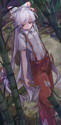 Rule 34 | 1girl, bamboo, banzi1225, bow, collared shirt, commentary, feet out of frame, fujiwara no mokou, grey hair, hair bow, highres, long hair, looking to the side, outdoors, pants, red eyes, red pants, shirt, short sleeves, solo, suspenders, symbol-only commentary, touhou, very long hair, white bow, white shirt