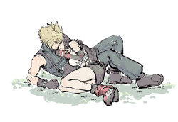 1boy 1girl baggy_pants bare_legs bare_shoulders black_gloves black_hair black_skirt black_socks blonde_hair blue_pants blue_sweater blush boots breasts brown_footwear closed_eyes cloud_strife commentary couple crop_top cuddling detached_sleeves elbow_pads elbow_rest english_commentary final_fantasy final_fantasy_vii fingerless_gloves from_side full_body gloves grass hand_on_another&#039;s_back long_hair looking_at_another lying medium_breasts miniskirt morgengischt on_back on_side pants red_footwear red_gloves ribbed_sweater short_hair single_elbow_pad sitting skirt sleeping sleeveless sleeveless_turtleneck socks spiked_hair suspender_skirt suspenders sweater tank_top tifa_lockhart turtleneck turtleneck_sweater white_background white_tank_top