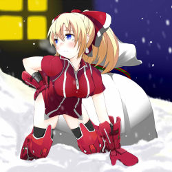 Rule 34 | 1girl, ass, black thighhighs, blonde hair, blue eyes, blush, chawa (yossui009), christmas, earrings, gloves, hand on own ass, highres, jewelry, kneeling, long hair, mittens, original, ponytail, red mittens, sack, snow, snowing, solo, thighhighs