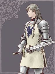 Rule 34 | armor, braid, brown hair, gauntlets, grey background, highres, holding, holding sword, holding weapon, long hair, looking to the side, ravness loxaerion, simple background, solo, standing, sword, tactics ogre, tunic, weapon, windcaller