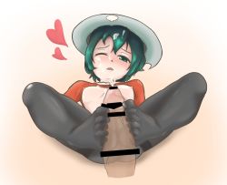Rule 34 | 1boy, 1girl, artist request, black pantyhose, blush, breasts, censored, clothes lift, collarbone, cum, cum on body, cum on upper body, ejaculation, facial, feet, footjob, green eyes, green hair, hat, kaban (kemono friends), kemono friends, nipples, one eye closed, open mouth, pantyhose, shirt, shirt lift, small breasts, spread legs, transparent