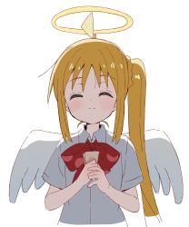 Rule 34 | 1girl, ahoge, blonde hair, blush, bow, closed eyes, closed mouth, collared shirt, copyright request, cropped torso, dress shirt, facing viewer, feathered wings, halo, highres, holding, long hair, meito (maze), red bow, shirt, short sleeves, side ponytail, simple background, smile, solo, upper body, very long hair, white background, white shirt, white wings, wings
