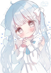 1girl, ahoge, ame usako, banned artist, blue bow, blue hair, blue nails, blush, bow, closed mouth, commentary request, dress, grey eyes, hair bow, hatsune miku, head tilt, heart, highres, long hair, long sleeves, looking at viewer, nail polish, signature, simple background, sleeves past wrists, smile, solo, steepled fingers, translation request, twintails, very long hair, vocaloid, white background, white bow, white dress, wing hair ornament