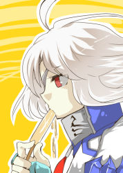 Rule 34 | 1girl, ahoge, arc system works, bad id, bad pixiv id, blazblue, braid, eyepatch, face, food, nu-13, popsicle, profile, red eyes, solo, taria, white hair