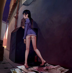 Rule 34 | 1girl, after rape, alley, as109, ass, bad id, bad pixiv id, barefoot, black hair, blouse, blue shirt, blush, bottomless, breasts, can, collared shirt, crying, crying with eyes open, cum, cumdrip, drink can, empty eyes, industrial pipe, long hair, naked shirt, night, pussy juice, pussy juice trail, rape, shirt, shoujo to ura roji, small breasts, soda can, solo, standing, tears, ventilation shaft, wide-eyed, yellow eyes
