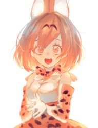 Rule 34 | 10s, 1girl, :d, animal ears, bad id, bad pixiv id, bare shoulders, bow, bowtie, cat ears, elbow gloves, eyelashes, fingers together, gloves, gwen (g90z  ), kemono friends, looking at viewer, open mouth, orange eyes, orange hair, own hands together, sanpaku, serval (kemono friends), serval print, shirt, short hair, simple background, skirt, sleeveless, sleeveless shirt, smile, solo, tareme, teeth, upper body, white background, white shirt