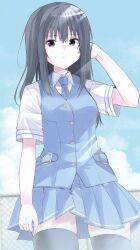 Rule 34 | 1girl, arm at side, black eyes, black hair, black thighhighs, blue skirt, blue sky, blue vest, collared shirt, commentary, cowboy shot, cross channel, day, hair between eyes, hand up, hasekura youko, highres, long hair, looking at viewer, miniskirt, outdoors, parted lips, pleated skirt, shirt, short sleeves, skirt, sky, solo, straight hair, sunlight, takepoison, thighhighs, vest, white shirt, zettai ryouiki